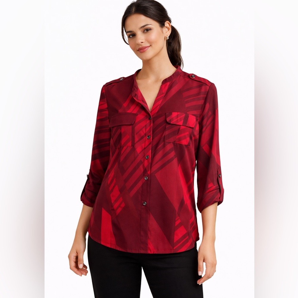 CALVIN KLEIN SIZE M Womens Blouse Geometric Burgundy Red Button Down Long Sleeve